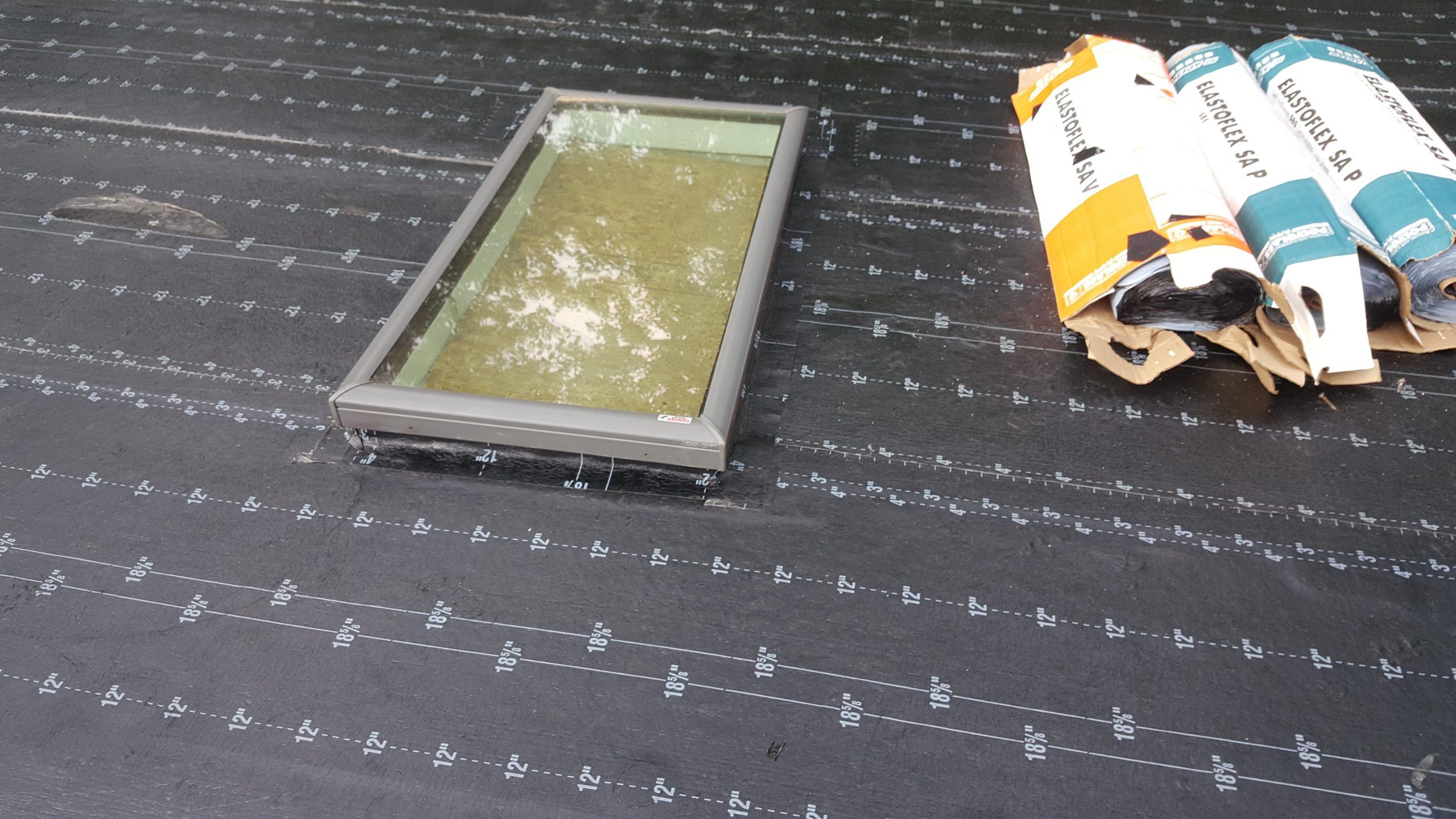Rectangular frame with moss or algae on a black waterproof membrane.